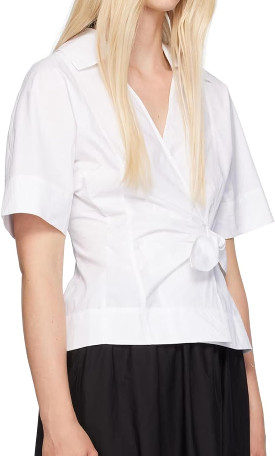 SUNNOW Women'S White Wrap Blouse Shirt V-Neck Spread Collar Self Tie Belt Long Sleeve Top image number 4