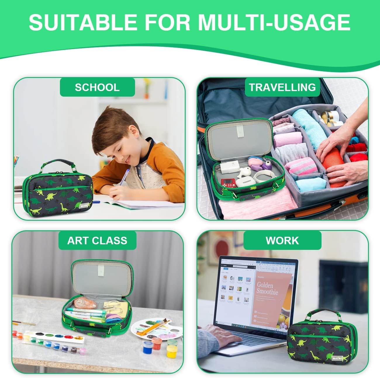 Pencil Case for Boys, Aesthetic Kawaii Large Pencil Pouch Stationary Pencil Bag/Box for Preppy Kids, Pen Organizer Holder School Supply Green Dinos image number 5