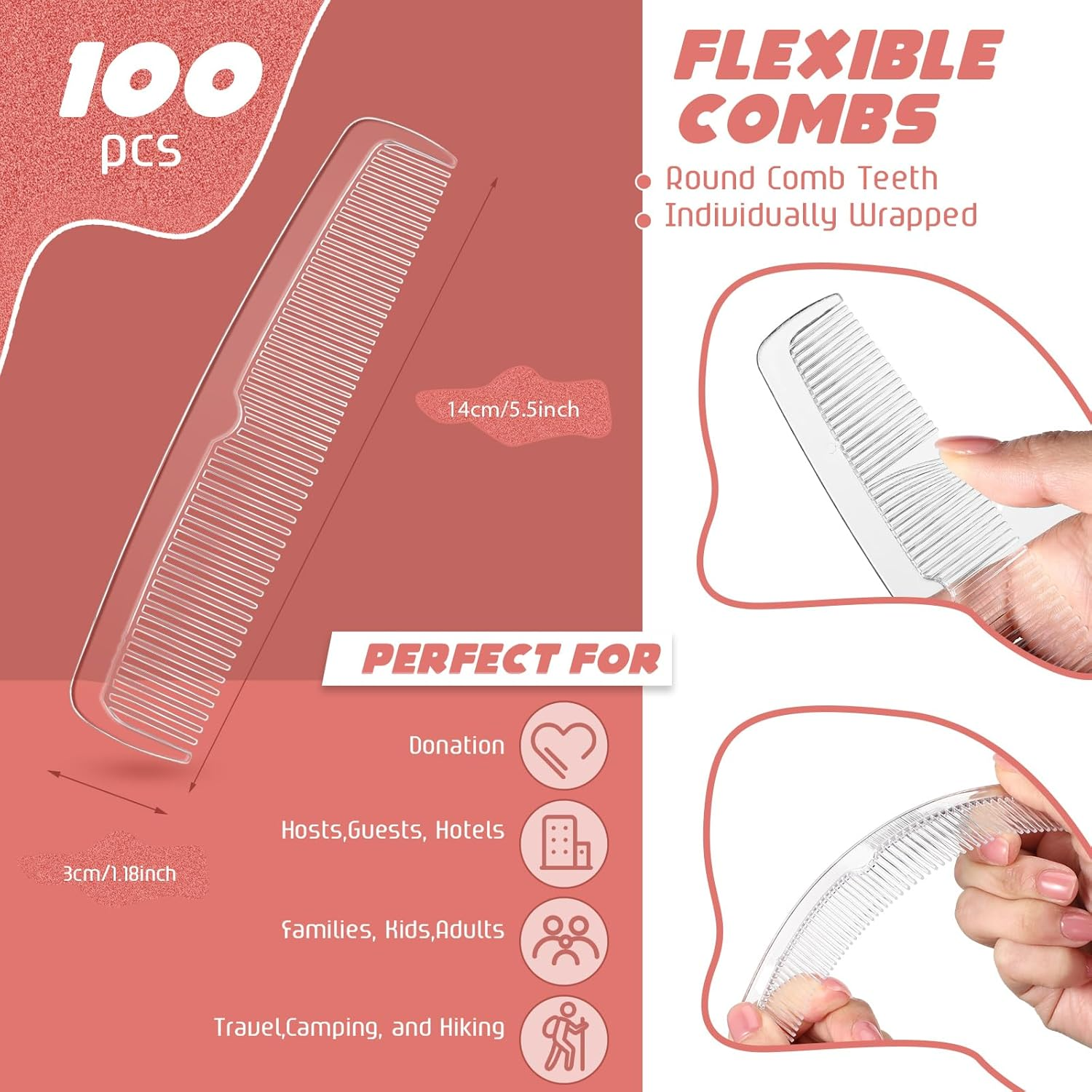 Lallisa 100 Pcs Individually Wrapped Hair Combs Small Disposable Plastic Pocket Fine and Wide Tooth Comb Bulk for Women Men Family Hotel Travel Homeless(Transparent) image number 6