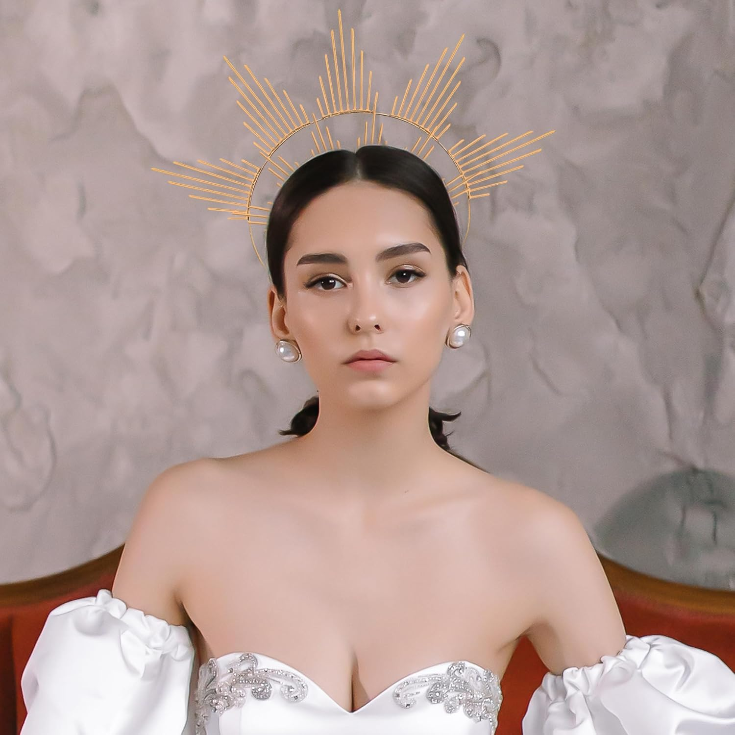 Partyforu Gold Goddess Halo Headband for Women, Goddess Crown Hairband for Photo Shoots, Sun Halo Crown Headpiece for Renfaire Cosplay image number 2