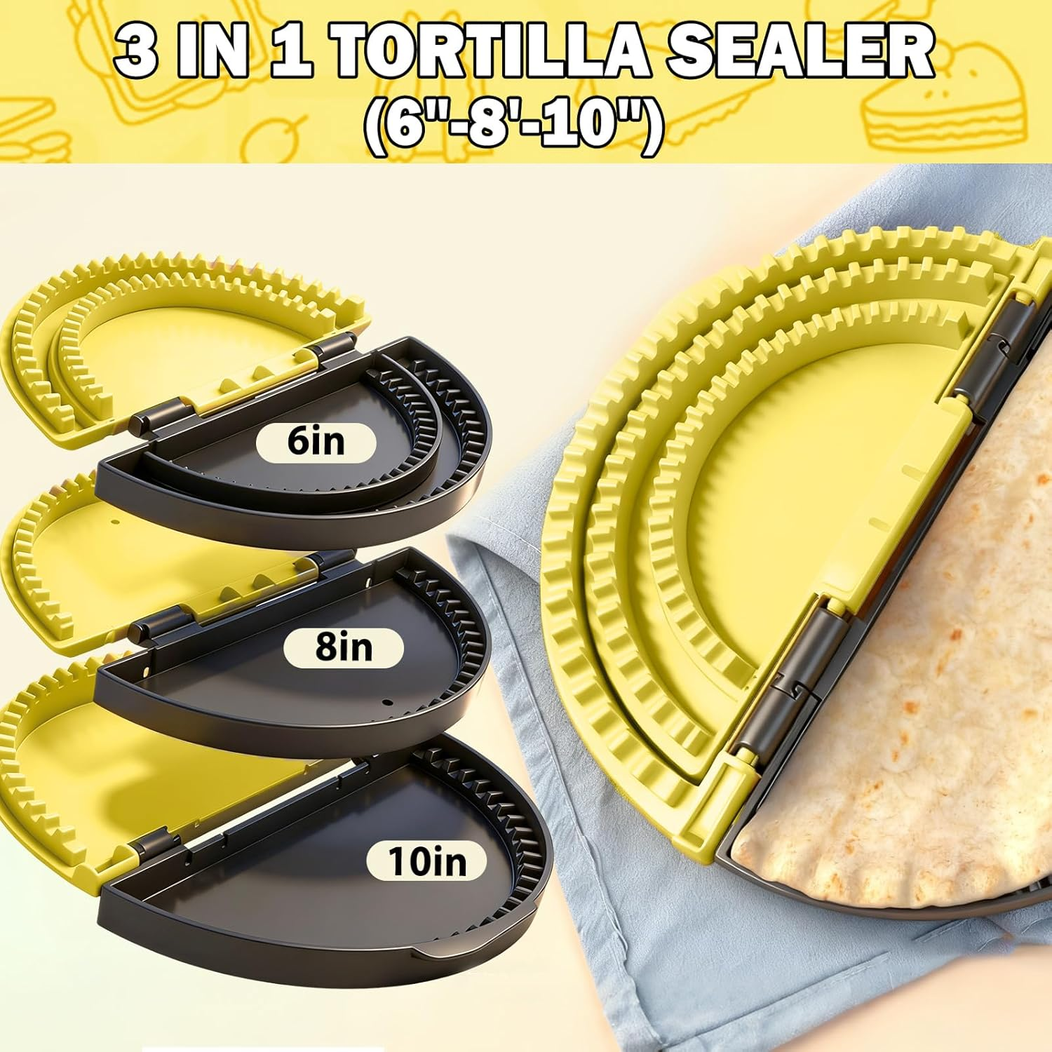 3-In-1 Tortilla Sealer & Crimper, Detachable Design for 6"-8"-10" Wraps, Bpa-Free & Dishwasher Safe - Makes Sealed Quesadillas, Tacos, Burritos, Dumplings, Sandwiches & More image number 1