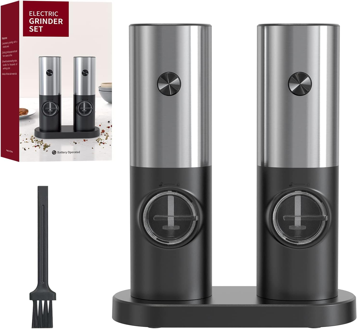 CIRCLE JOY Electric Salt and Pepper Grinder Set Battery Operated Spice Mills with Storage Base, White LED Light and Adjustable Coarseness, Black