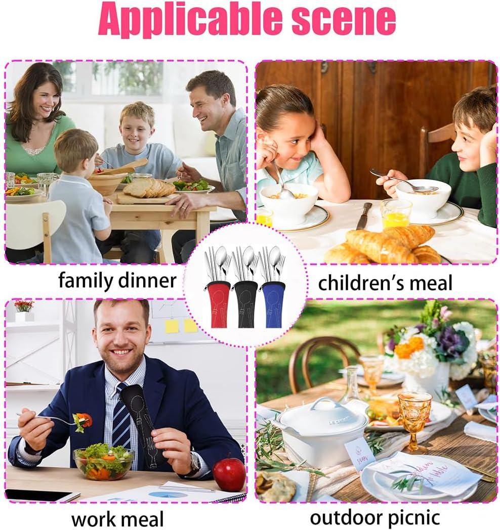 12 Pieces Portable Cutlery Set, 3 Pack Reusable Flatware Sets Knife, Fork, Spoon, Chopsticks, Stainless Steel Tableware Dinnerware with Carrying Case for Camping Picnic Working Hiking image number 5