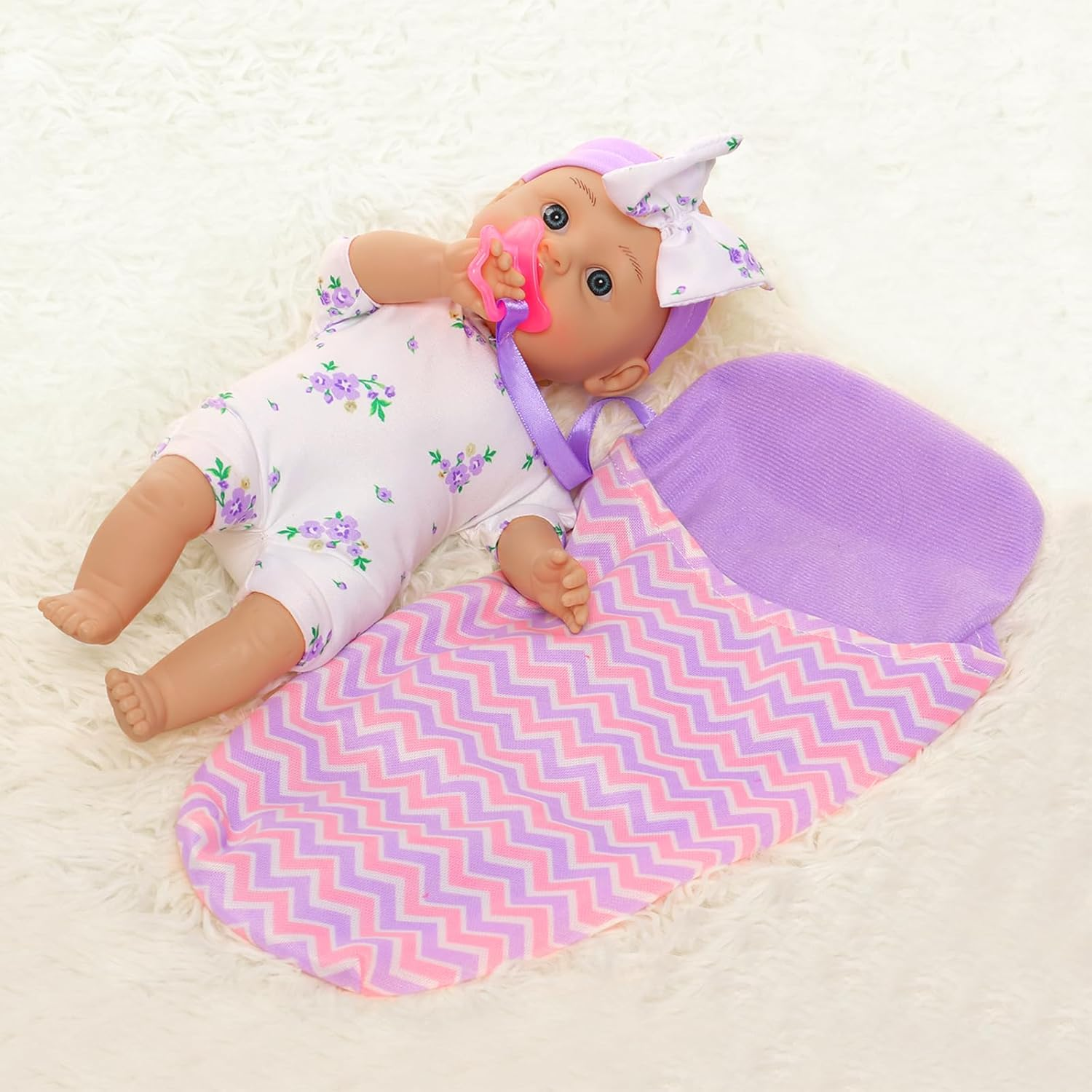 Barwa 10 Inch Reborn Baby Doll with Sleeping Bag Pacifier Realistic Soft Baby Dolls with Hairband for Toddlers Best Gift image number 3