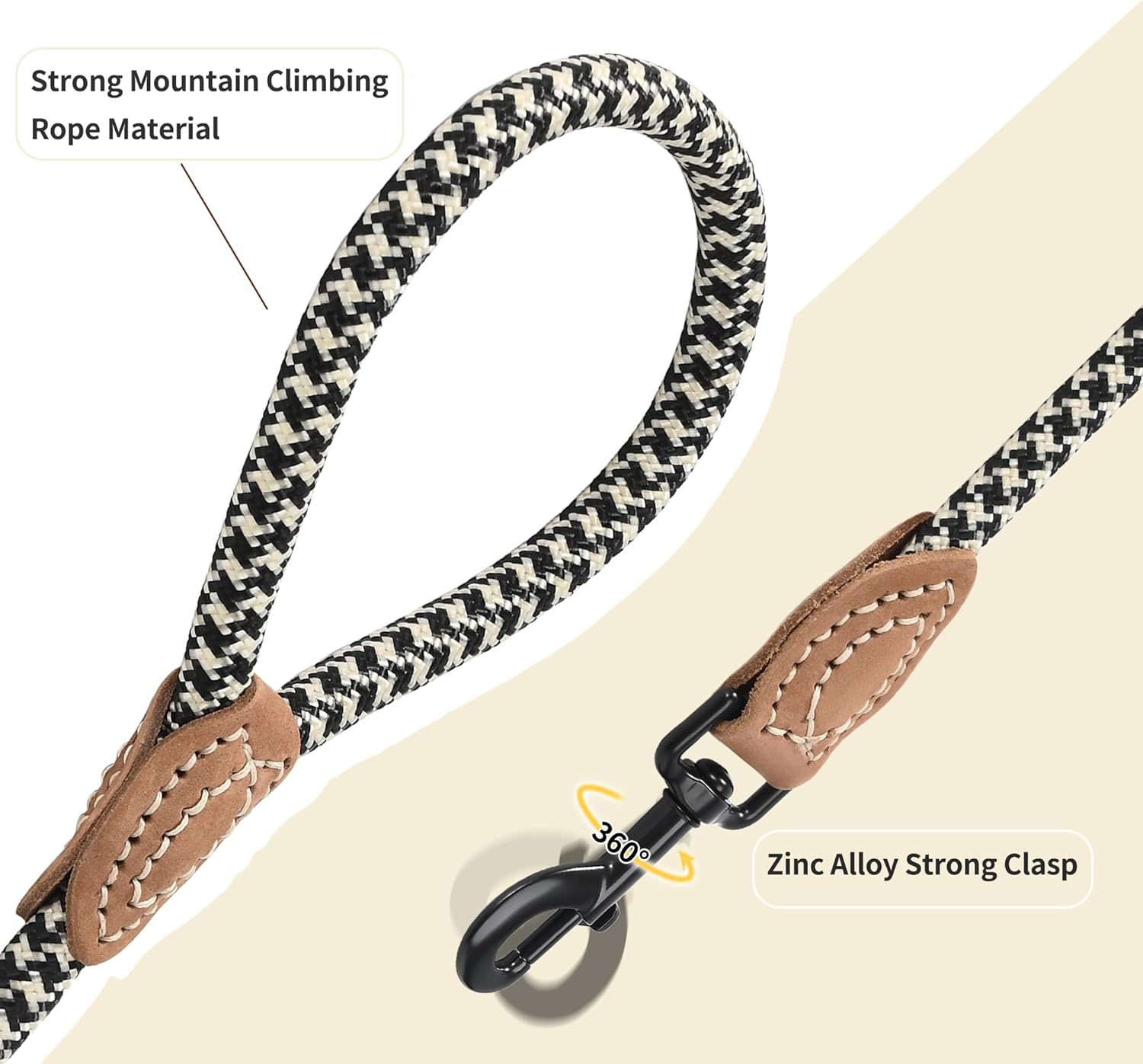 Mile High Life Leather Tailor Reinforce Handle Mountain Climbing Dog Rope Leash with Heavy Duty Metal Sturdy Clasp (Black Khaki, 4 FT) image number 6