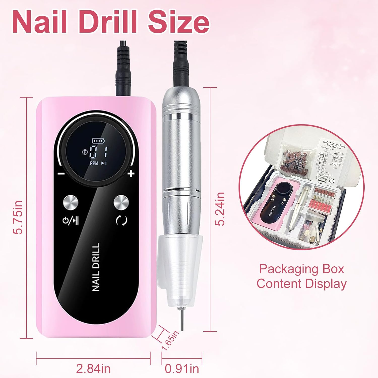 Oolong Nail Drill Machine 45000 RPM Rechargeable Electric Nail File E File 2000Mah Professional Acrylic Electric Nail Drill for Manicure Salon Home Acrylic Nails, Polishing, Manicure Pedicure Nail Tools,Pink image number 6
