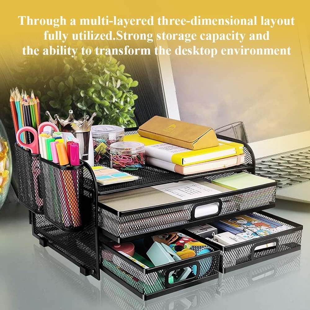 Desk Organizer,File Holder,Multi-Functional Mesh Desk Organizer,Desktop File Sorter Rack,Office Accessories,With Pencil Holders for Home,Office,School (Black) image number 5