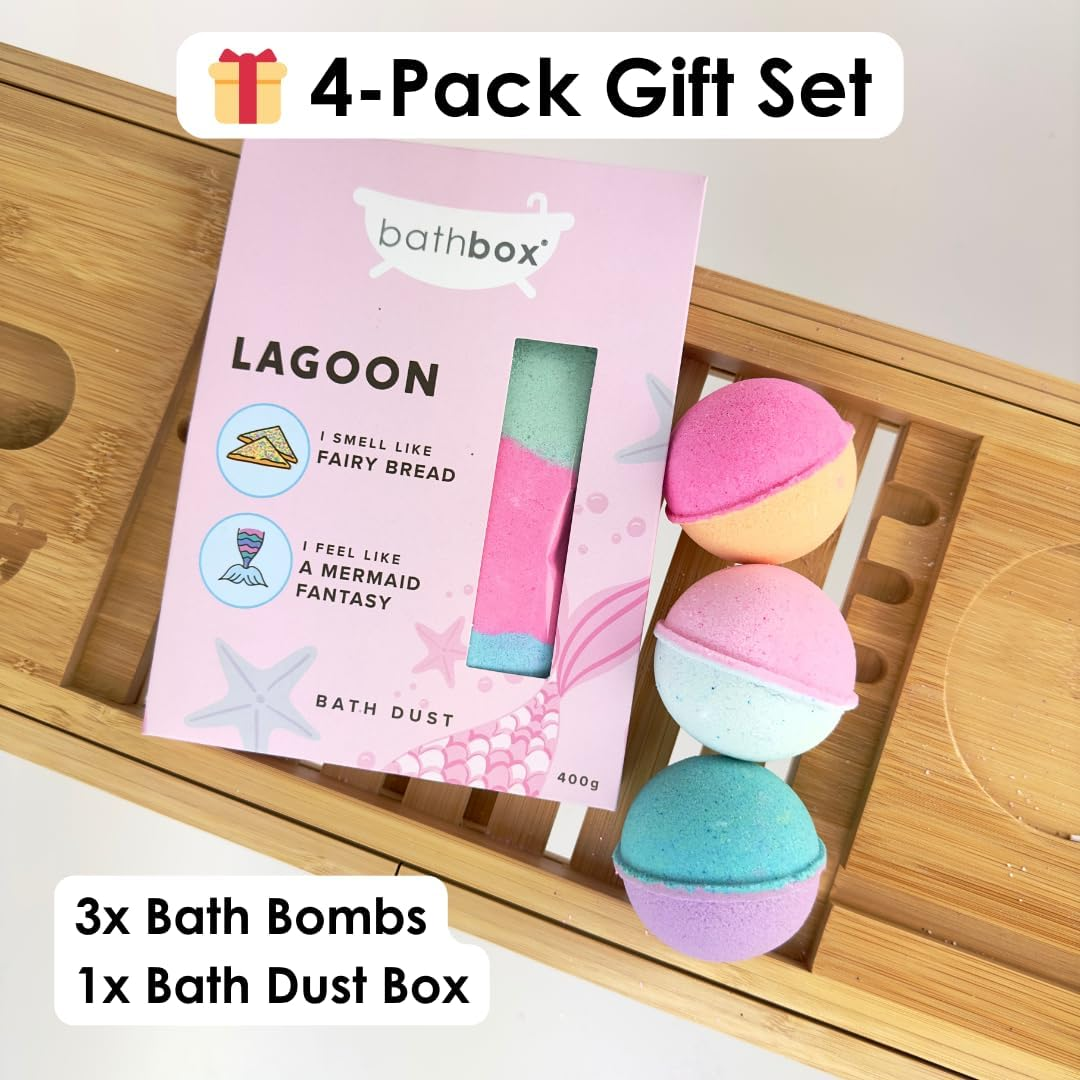 BATH BOX Gift Set, Bubble Bath Bombs, Bath Dust Soak, Natural & Handmade in Australia, Cotton Candy, Fairy Floss & Bubblegum Bath Fizz, 4 Piece Hamper Gift Box image number 3