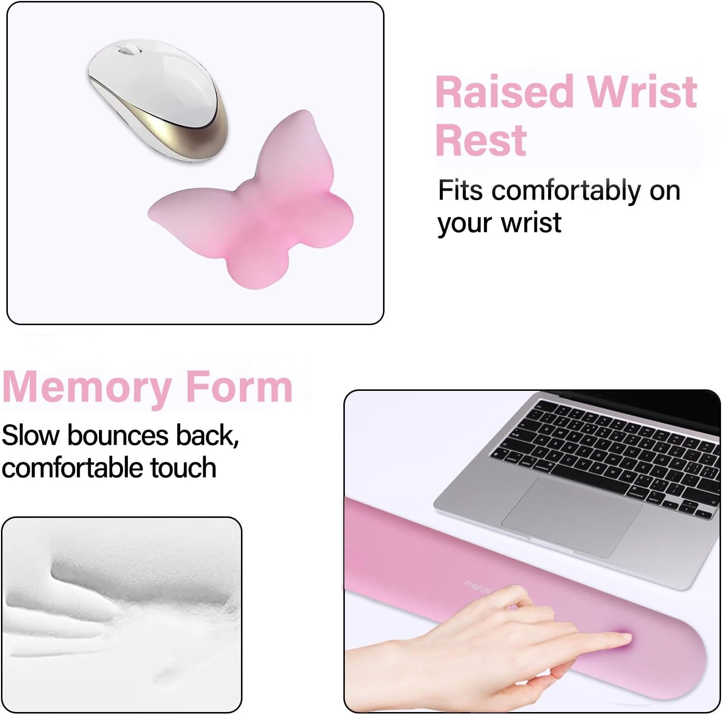 MOSISO Keyboard Wrist Rest & Support for Mouse, Ergonomic Rest Soft Pain Relief Non-Slip Easy Typing Pad Computer Laptop Butterfly Shaped Mouse Wrist Cushion for Home/Office, Pink image number 2