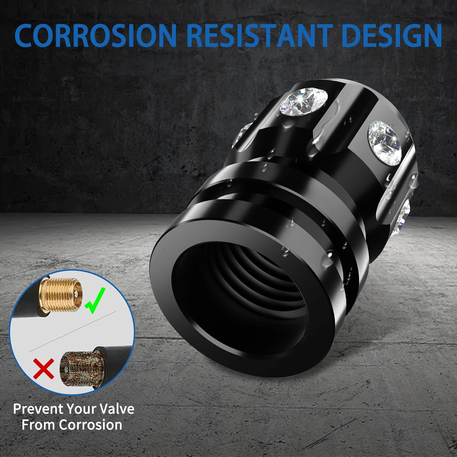 QUARKACE Tire Valve Caps, Bling Valve Stem Caps with Sparkly Rhinestones, Tire Caps 4 Pack for Cars Suvs Trucks Motorcycles Bikes, Anti-Fading Coating, Corrosion Resistant, Air Leakproof - Black image number 3