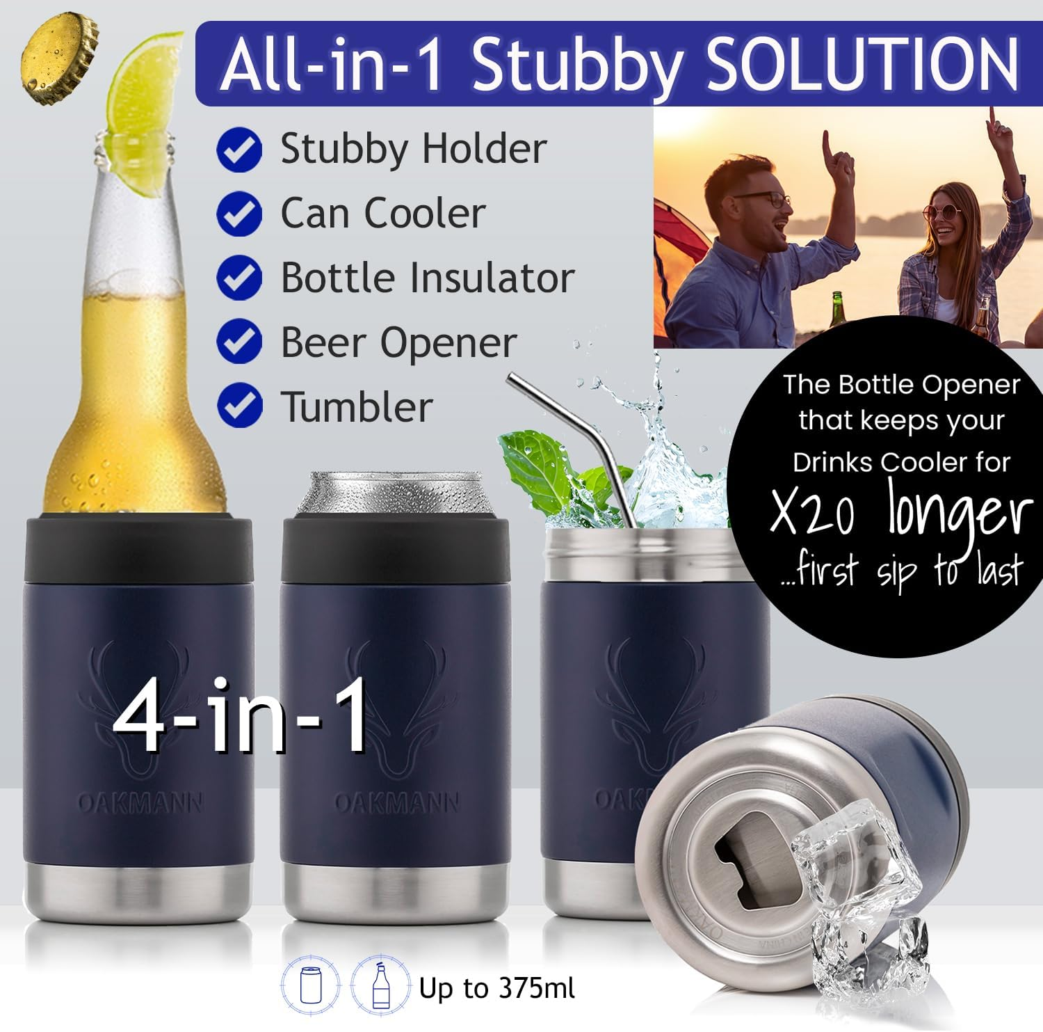 OAKMANN Stubby Holder Beer Cooler & Bottle Opener 4 in 1, Insulated Can Cooler Beer Holder & Tumbler, Stainless Steel to Fit Bottles & Cans up to 375Ml, Ultimate Beer Gifts for Men Dad Birthday (Navy) image number 2