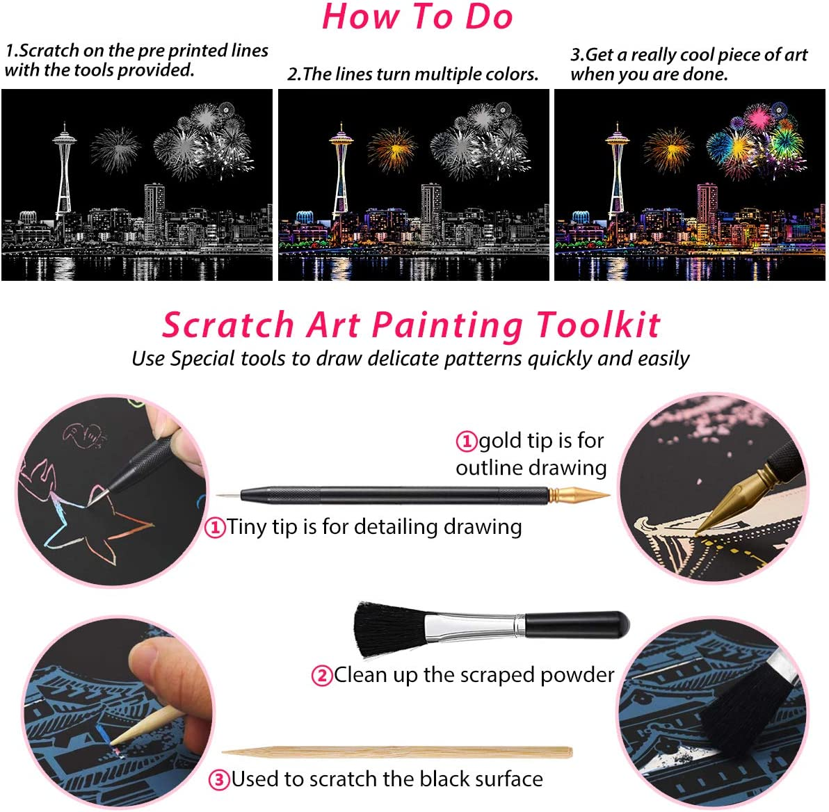 Scratch Art for Kids & Adults, Rainbow Engraving Painting Landscape Scratchboard(A4) Crafts Set: 8 Sheets with 4 Tools - New York, Statue of Liberty, Golden Gate Bridge, Manarola (America/Europe) image number 2