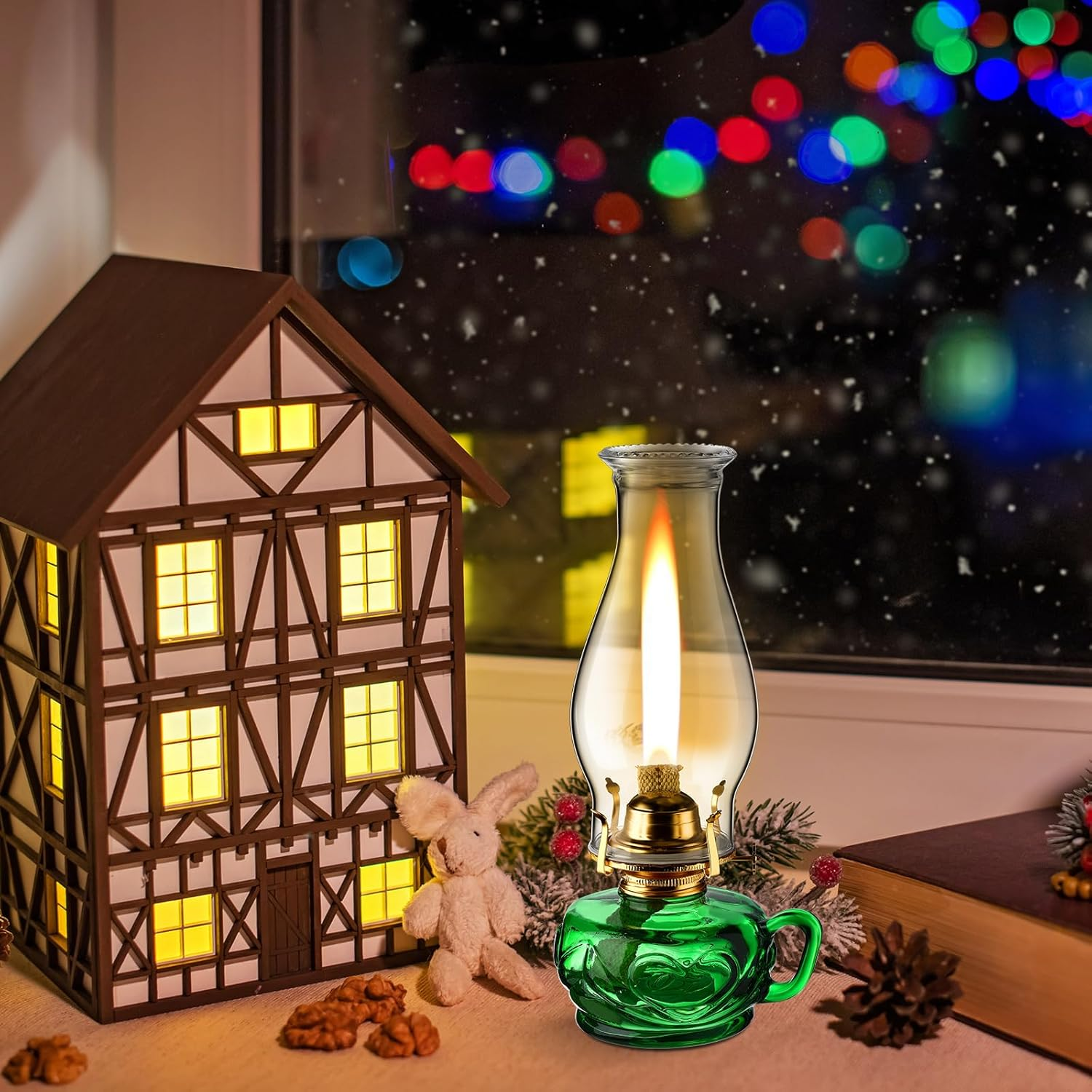 Yahenda 2 Pcs Chamber Oil Lamp Classic Kerosene Lamp Lantern Vintage Oil Lantern Decorative Antique Hurricane Lamp with Adjustable Fire Wick for Home Indoor Use, 12.6 Inch Height (Green,Gold) image number 3