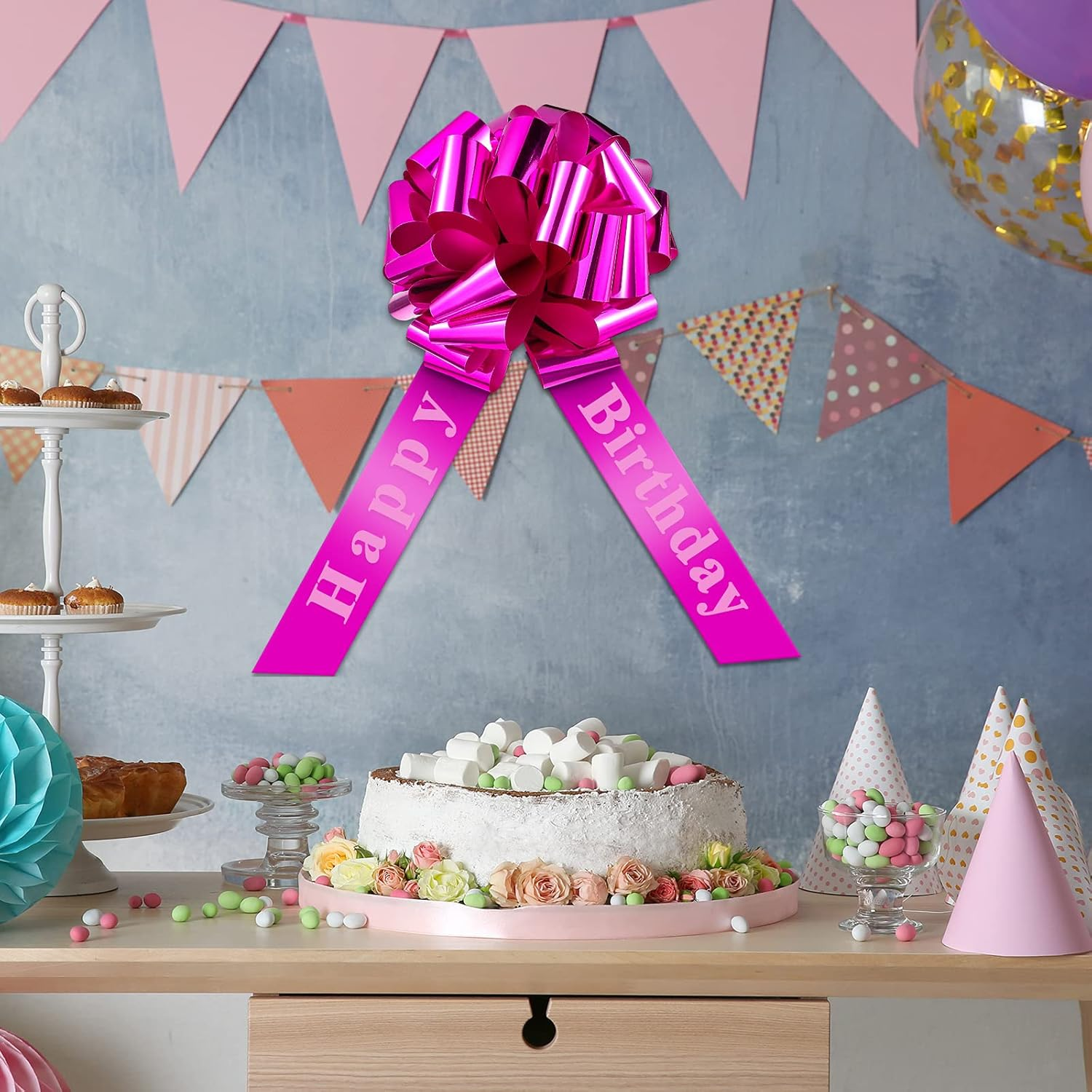 Happy Birthday Car Bow Big Car Ribbon Bow Large Gift Wrapping Bow Giant Bow for Car Decorative Huge Pull Bow for Christmas Party Birthday Car Decoration (Magenta,20 Inches) image number 6