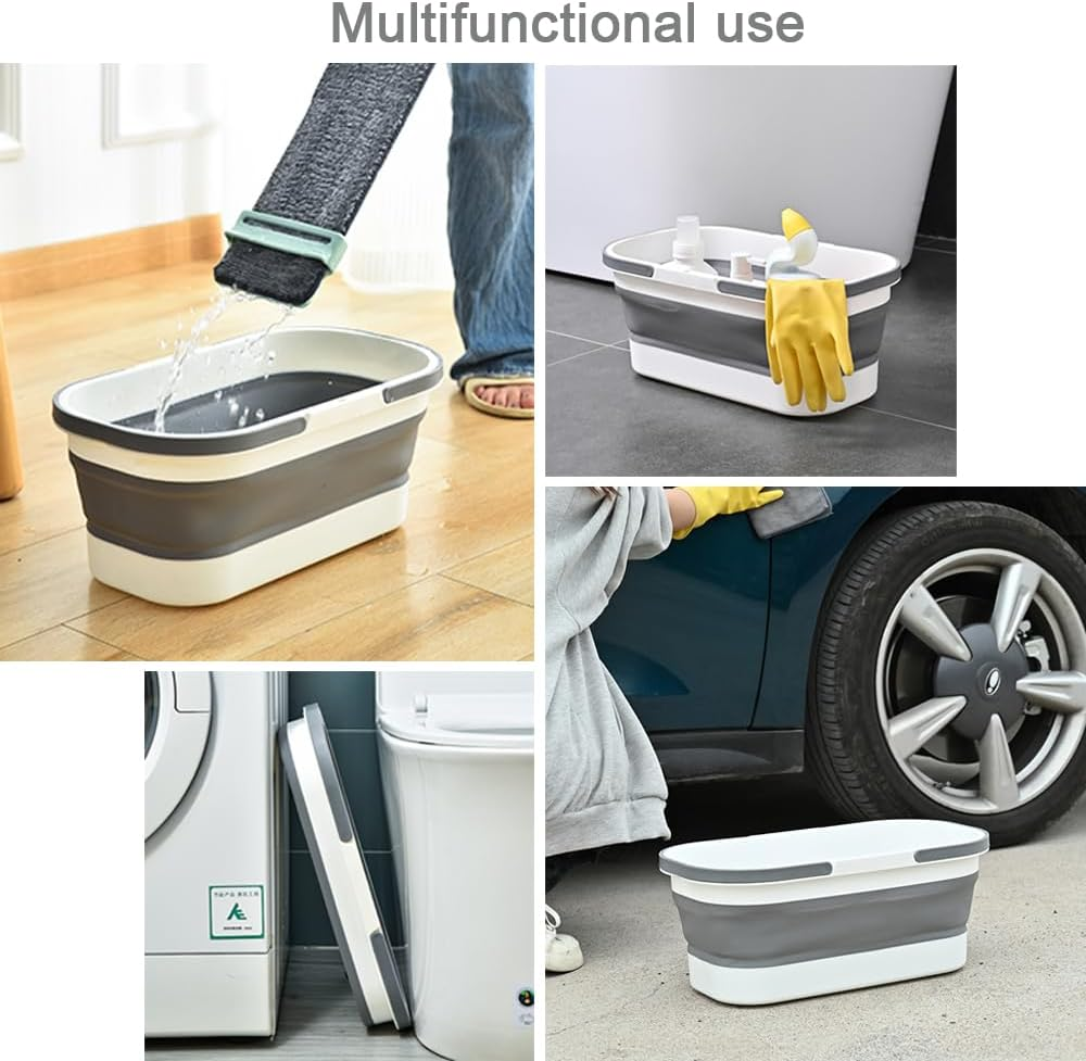 Collapsible Plastic Mop Bucket with Wheels 14L, Portable and Space Saving, Multi-Function House Cleaning, Camping, and Mop Tub, Rectangular Large Capacity (Gery) image number 2