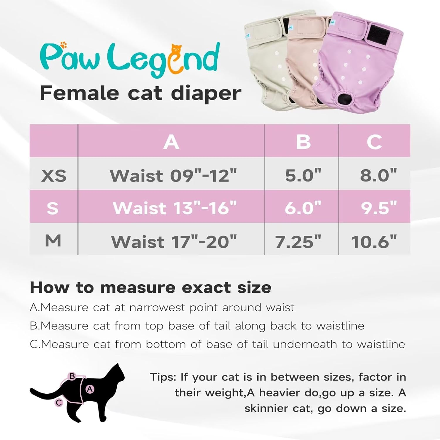 Paw Legend Cat Diapers for Female Cats Spraying Washable Reusable Kitten Diapers for Cats Incontinence Pet Diapers (3 Pack, Medium)