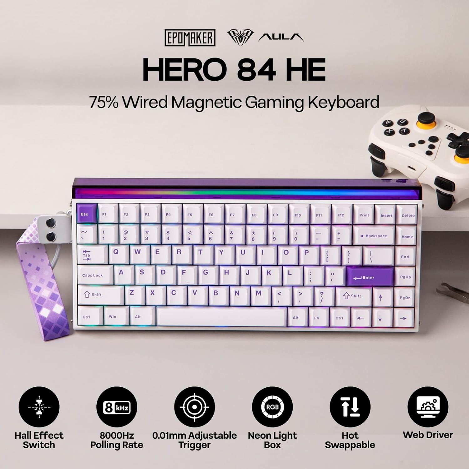 EPOMAKER Aula Hero84 HE Wired Hall Effect Keyboard with RGB Lightbox, 0.01Mm Adjustable Actuation, 8Khz Polling, 0.125Ms Latency, Snap Key, SOCD, Magnetic Gaming Keyboard (White&Purple)