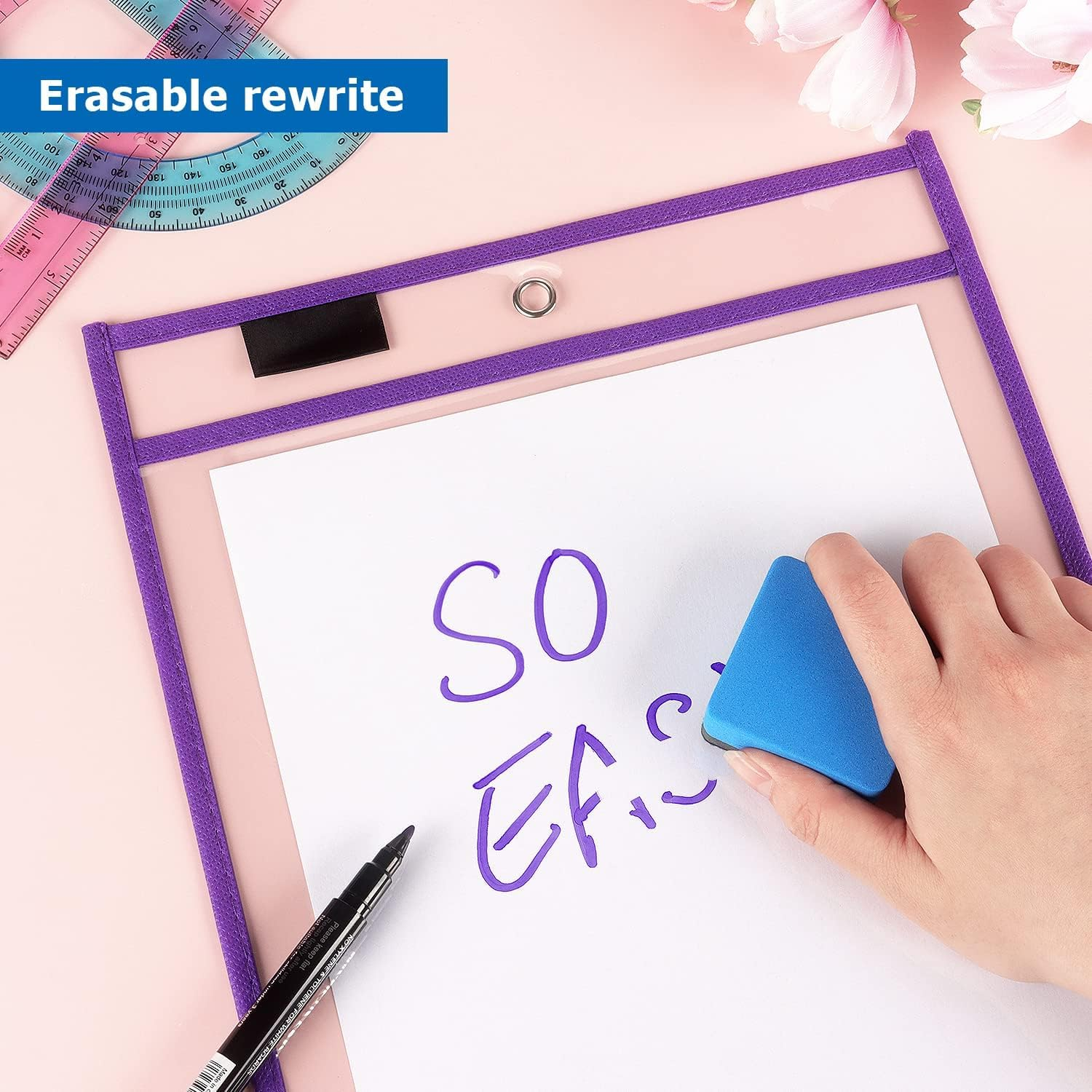 8 Pack Dry Erase Pockets Sleeves with Rings, 10 X 14 Inch Ticket Holders Clear Plastic Sleeves Sheet Protectors for Teacher Classroom Sleeves, 8 Assorted Colors image number 3