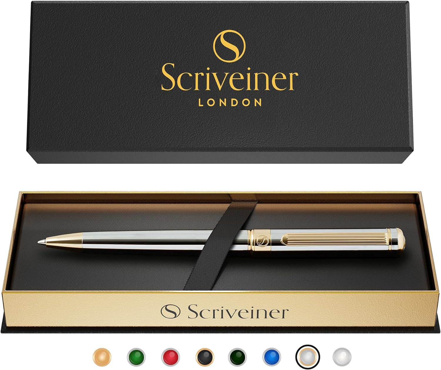Silver Chrome Ballpoint Pen - Stunning Luxury Pen with 24K Gold Finish, Schmidt Black Refill, Best Ball Pen Gift Set for Men & Women, Professional, Executive, Office, Nice, Fancy Pens