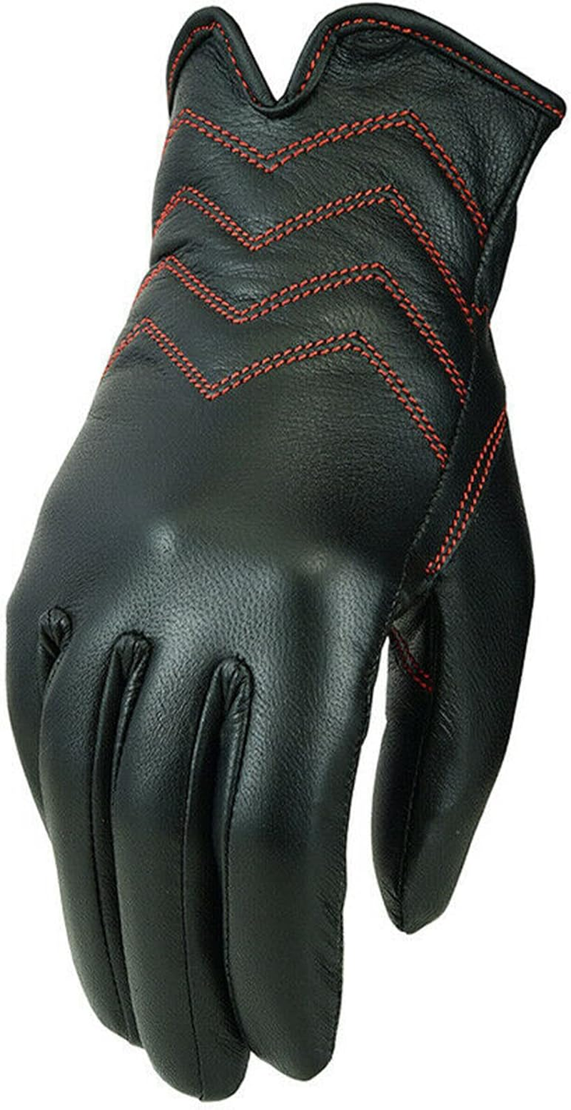 Leatherick Ladies Genuine Sheepskin Leather Gloves - Soft Liner Motorcycle Black Gloves with Red Threaded Double Stitching for Travel and Riding image number 5