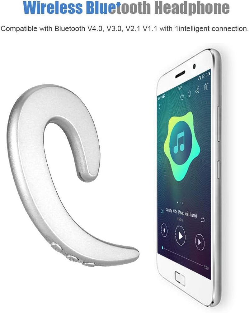Ciglow Bluetooth Headphone, Wireless Hands Free Ear Hook Headset Painless Bone Conduction Earphone Waterproof Ergonomic Design Headset(Silver) - Silver image number 3