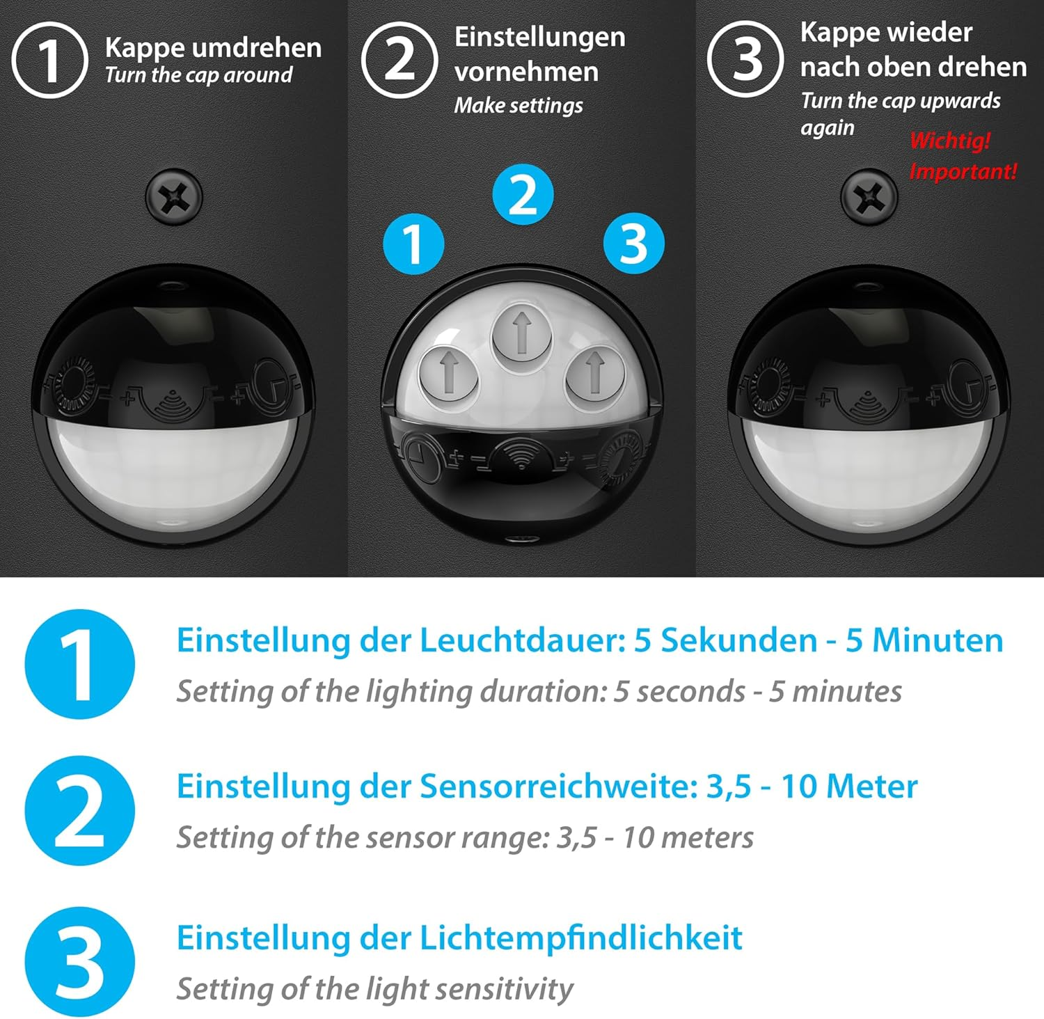 Ledscom.De Poru Wall Light for Outdoor Use, IP44, Motion Sensor, Stainless Steel, Matte Black, Round, 1X E27 Max. 15 W image number 1