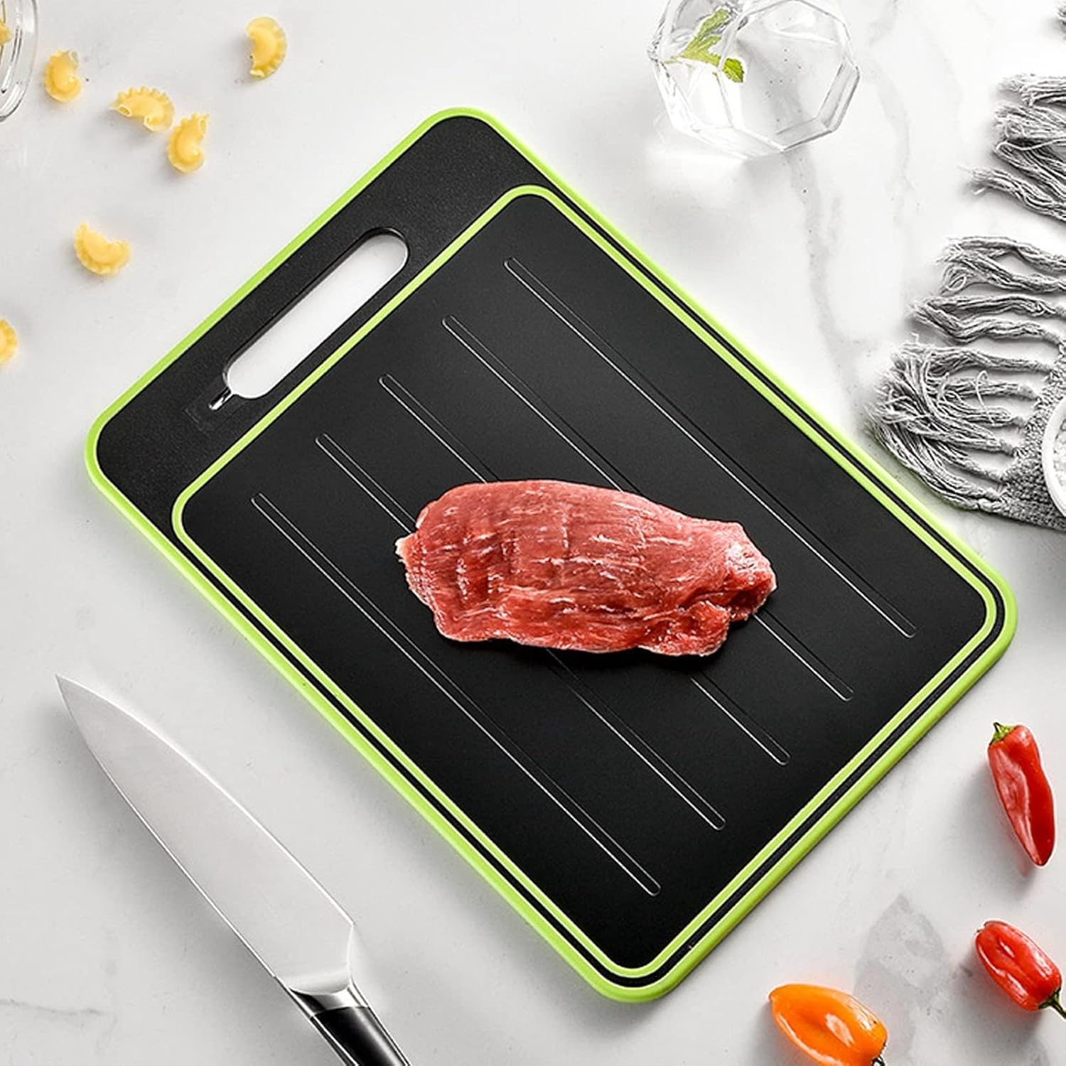 Quick Defrosting Board, 4 in 1 Cutting Board with Knife Sharpener, Fast Thaw Meat ＆ Frozen Food, Big Size Defrosting Tray with Grater, Double-Sided Frost Away Plate, Chopping Board (36.5X25Cm)