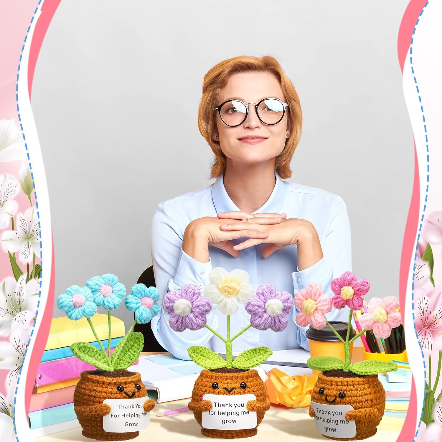 3 Pcs Emotional Support Plush Flowers Positive Crochet Potted with Card Thank You for Helping Me Grow Teacher Thank You Gifts for Birthday Home Office Decor(Puff Flower) image number 5