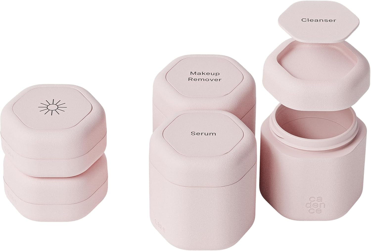 Cadence Travel Containers - Core Skincare Set - Magnetic Containers with Lids,2 Small (0.56Oz) & 3 Medium (1.32Oz) - Cleanser, Moisturizer, Serum, Makeup Remover & Sun Icon Labels - Petal image number 5