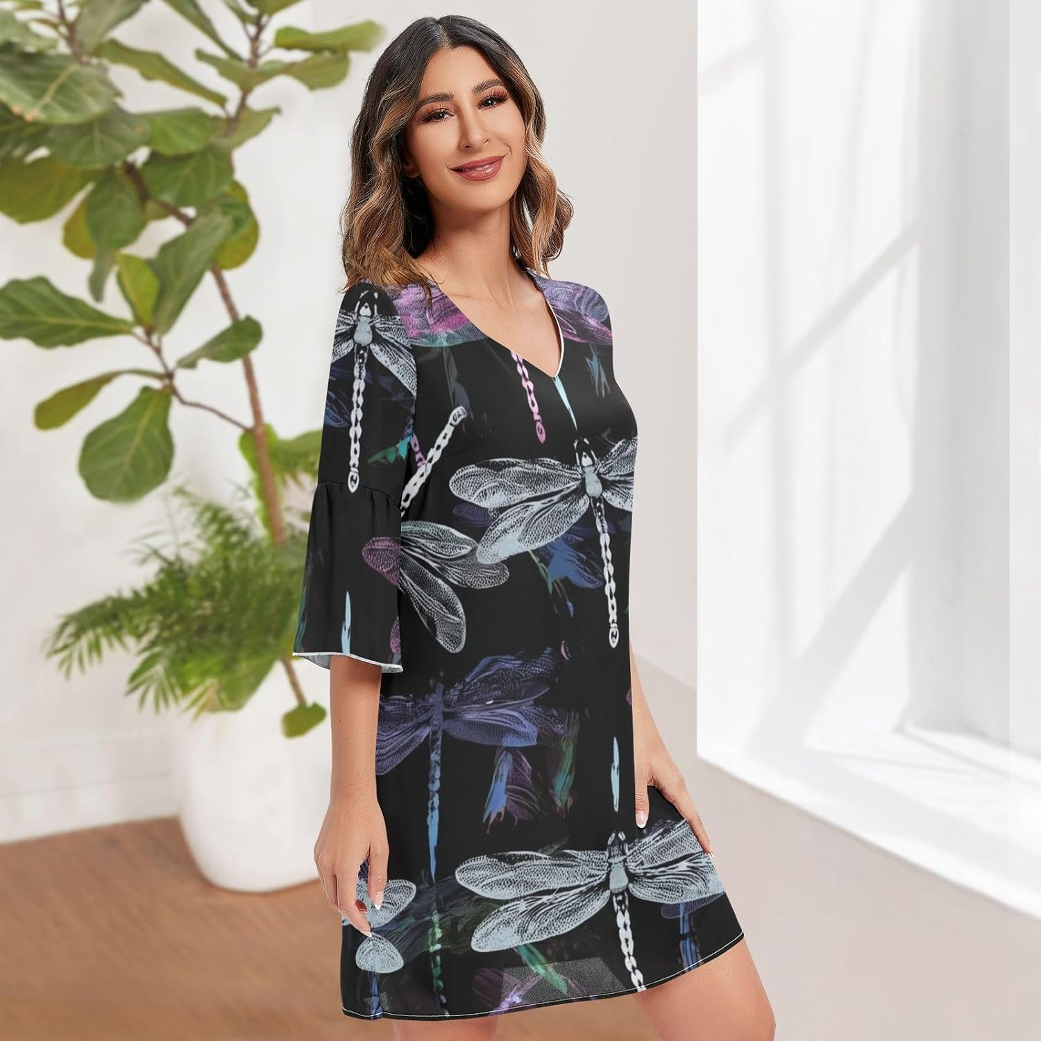 Dragon Fly Black Casual V Neck Dress Printed Line Maternity Dress S-XXL image number 3
