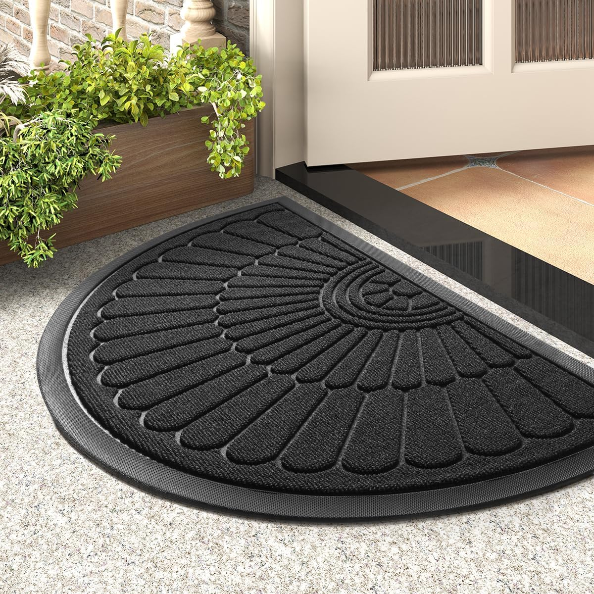 Front Door Mat Welcome Mat Outdoor Indoor Entrance Doormat-Semicircular Durable Rubber Non Slip Front Door Mat for outside inside Entry Entryway Dirt Trapper for Muddy Paws and Shoes-Black 43 X 75 image number 2