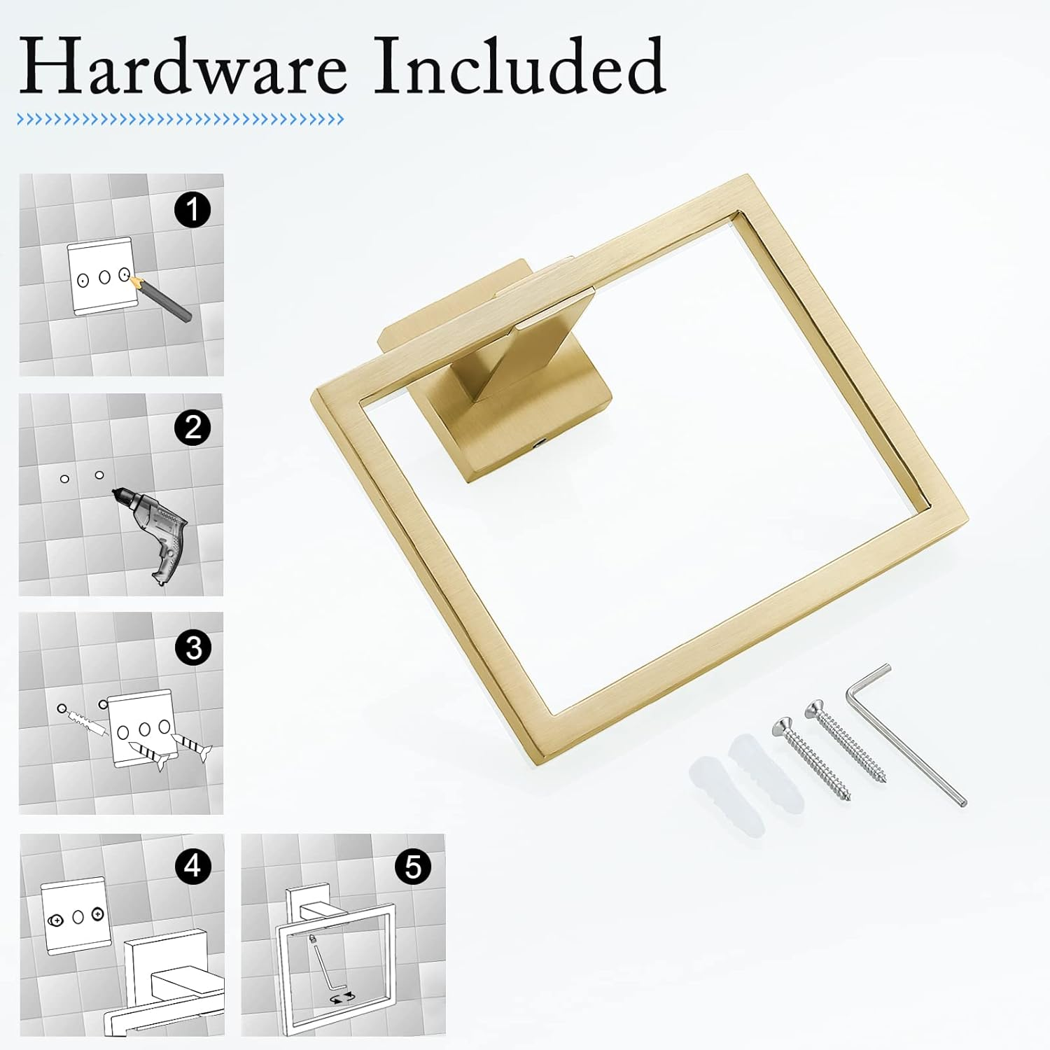 TQKAG Brushed Gold Towel Ring Bathroom Hand Towel Holder Stainless Steel Square Towel Bar Hangers Wall Mounted - Brushed image number 2