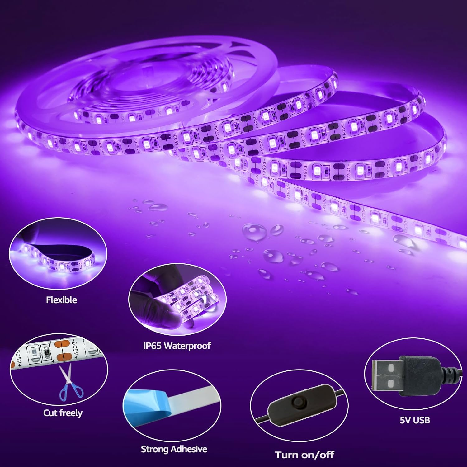 Tesfish UV LED Strip, 5V USB 3M Black Light Ribbon with Switch SMD 2835 395Nm-405Nm IP65 Waterproof Total 180 Leds Strip Light for Bar, Halloween Party, Club, Decoration - 5 V Usb image number 6