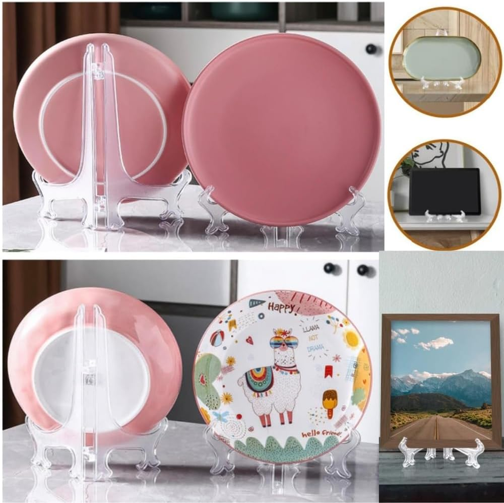 DACUAN 6Pcs Clear Plastic Easels, 4/6/8 Inch Acrylic Easels Stand, Decorative Plates Stand, Display Holders for Pictures, Photo Frames, Greeting Cards, Tabletop Artworks, Place Card, Collectibles