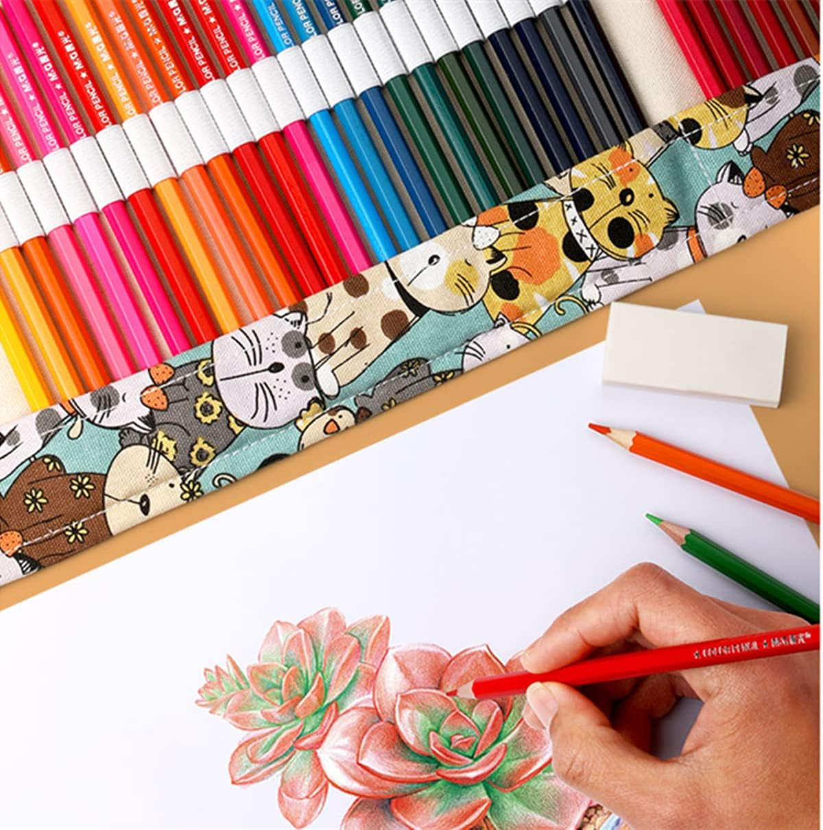 Roll up Pencil Case, Handmade Canvas Pencil Organizer, Foldable Multiuse Roll up Pencil Case (72 Slots) image number 4