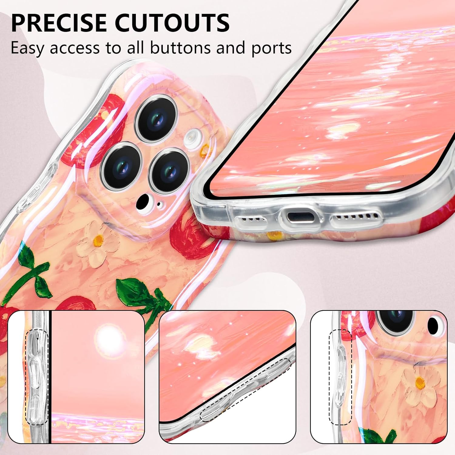 Tcaraersing for Iphone 14 Pro 6.1" Girly Case, Glossy Colorful Retro Oil Painting with Cherry Pattern, Cute Curly Wave Frame Exquisite Soft TPU Mobile Cover for Girls Women image number 3