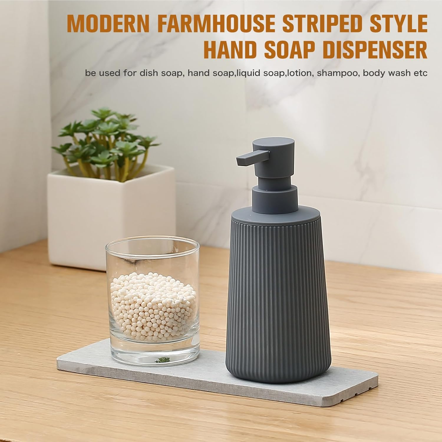 Grey Soap Dispenser, Small Hand Soap Dispenser for Bathroom, Refillable Dish Soap Dispenser for Kitchen Countertop, Modern Striped Liquid Soap Dispenser with Pump (Grey, Liquid) - Beige image number 4