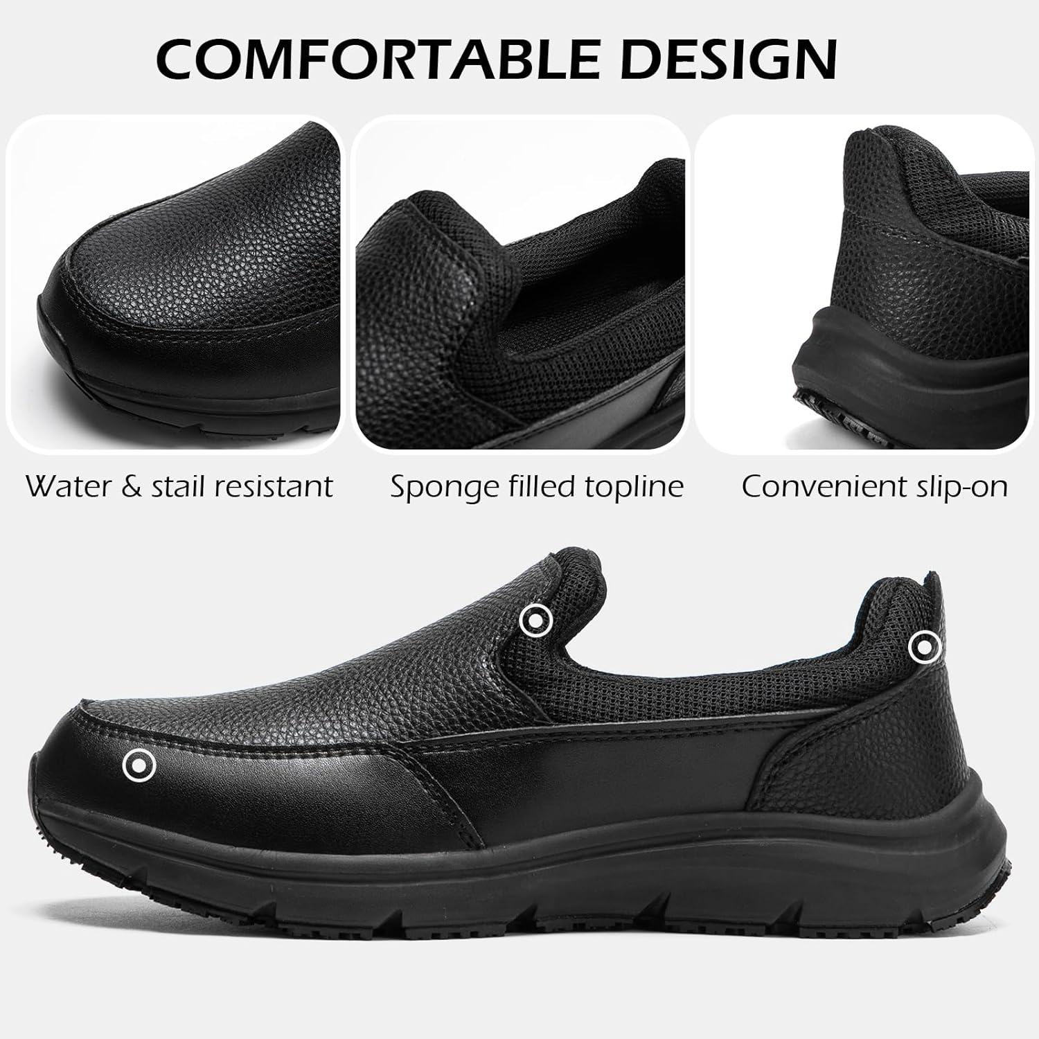 NAVEKULL Men'S Non Slip Food Service Shoes Water Resistant Kitchen Restaurant Chef Shoes Black Leather Slip Resistant Work Shoes image number 4