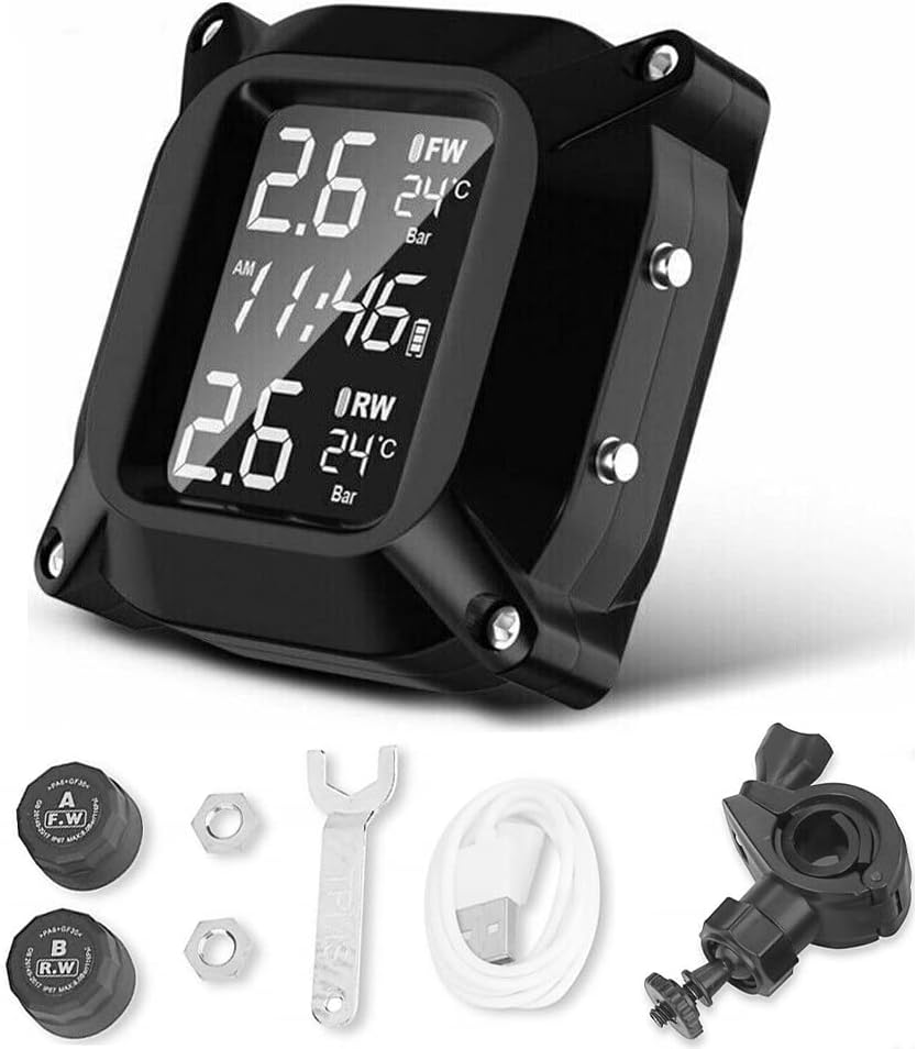 Waterproof Motorcycle TPMS Tire Pressure Monitor Systems Wireless with 2 Sensors, LCD Display, PSI and BAR Optional