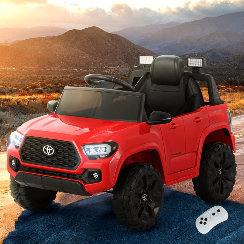 Toyota Kids Ride on Car Jeep, Licensed Tacoma Remote Control 12V Battery Horn Headlight Built-In Music 30Kg Capacity Safety Seat Belt Electric Cars for Toddlers Baby Walkers Little Tikes Kid Toy Red
