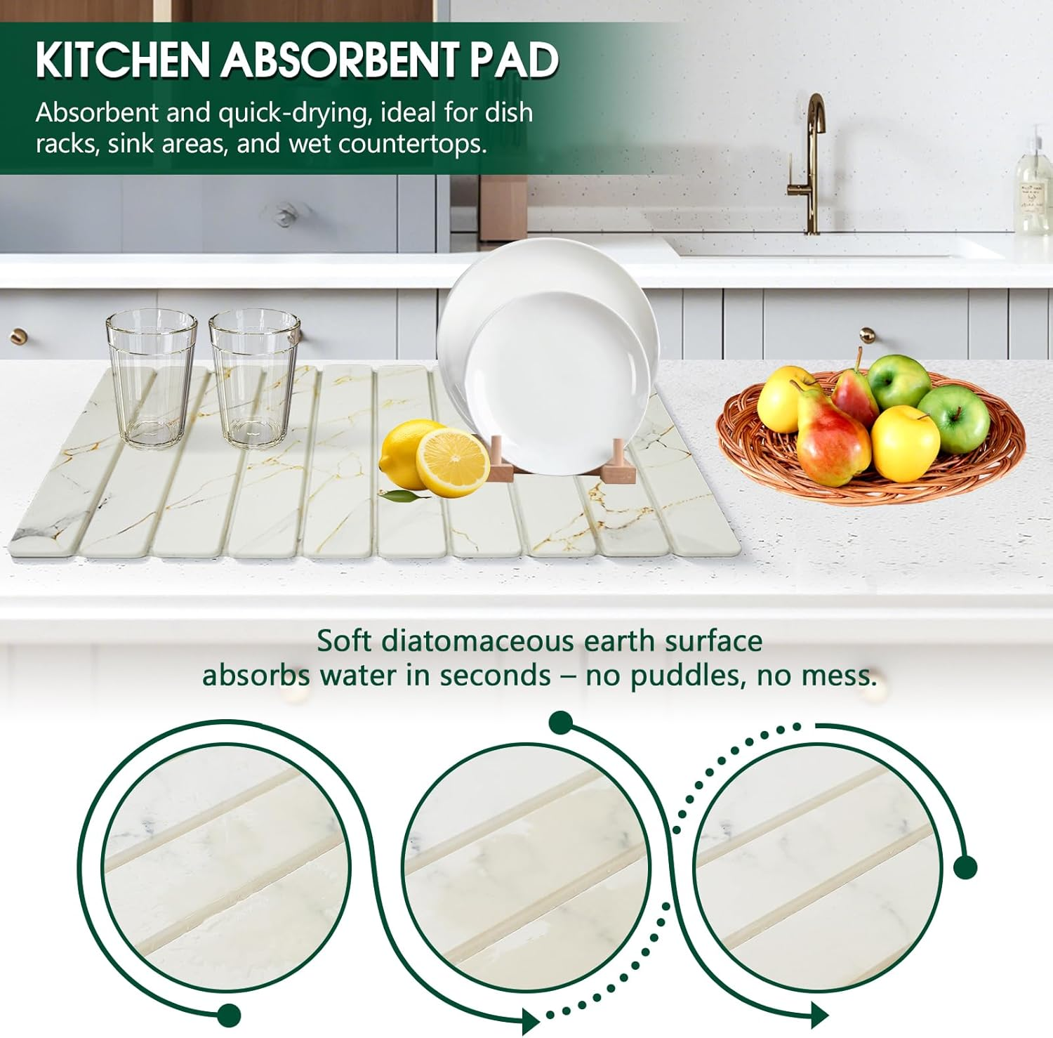 Collapsible Stone Dish Drying Mat, Stone Drying Mat for Kitchen Counter, Diatomaceous Earth Mat with Non-Slip Mesh Pad, 60 X 39 Cm (C) image number 4