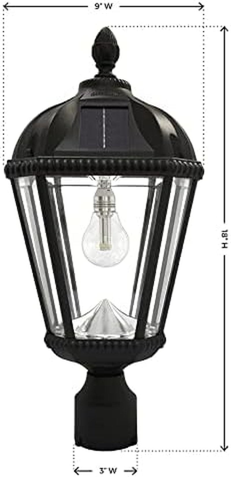 Gama Sonic Outdoor Solar Post Light, Black Aluminum, Royal Bulb, Rain Water Glass, Single Lamp with 3-Inch Fitter for Lamp Posts Warm White LED, 98B012 (Upgraded Panel and Battery)