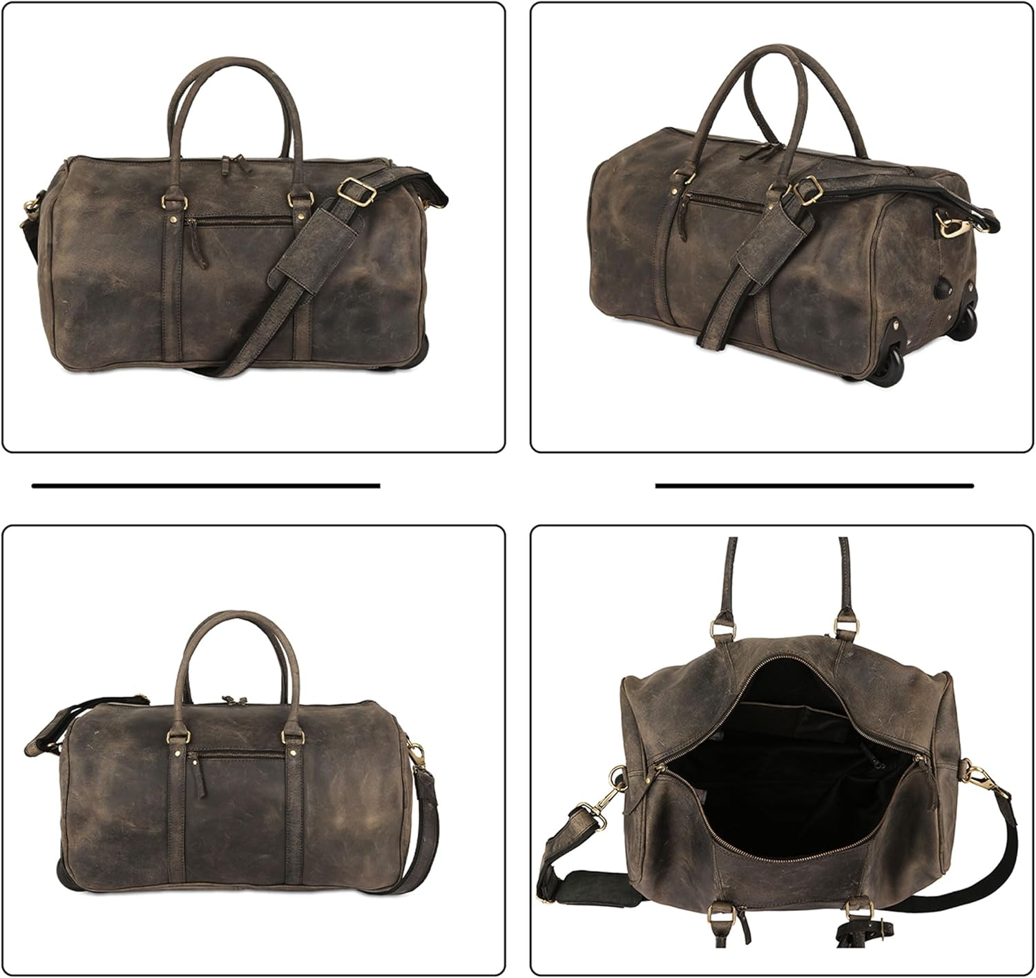 Leather Rolling Travel Duffle Bag for Men Women 21 Inch with Wheels Sports Overnight Weekend Duffel Gym Cabin Holdall with Wheels for Easy Carry image number 2