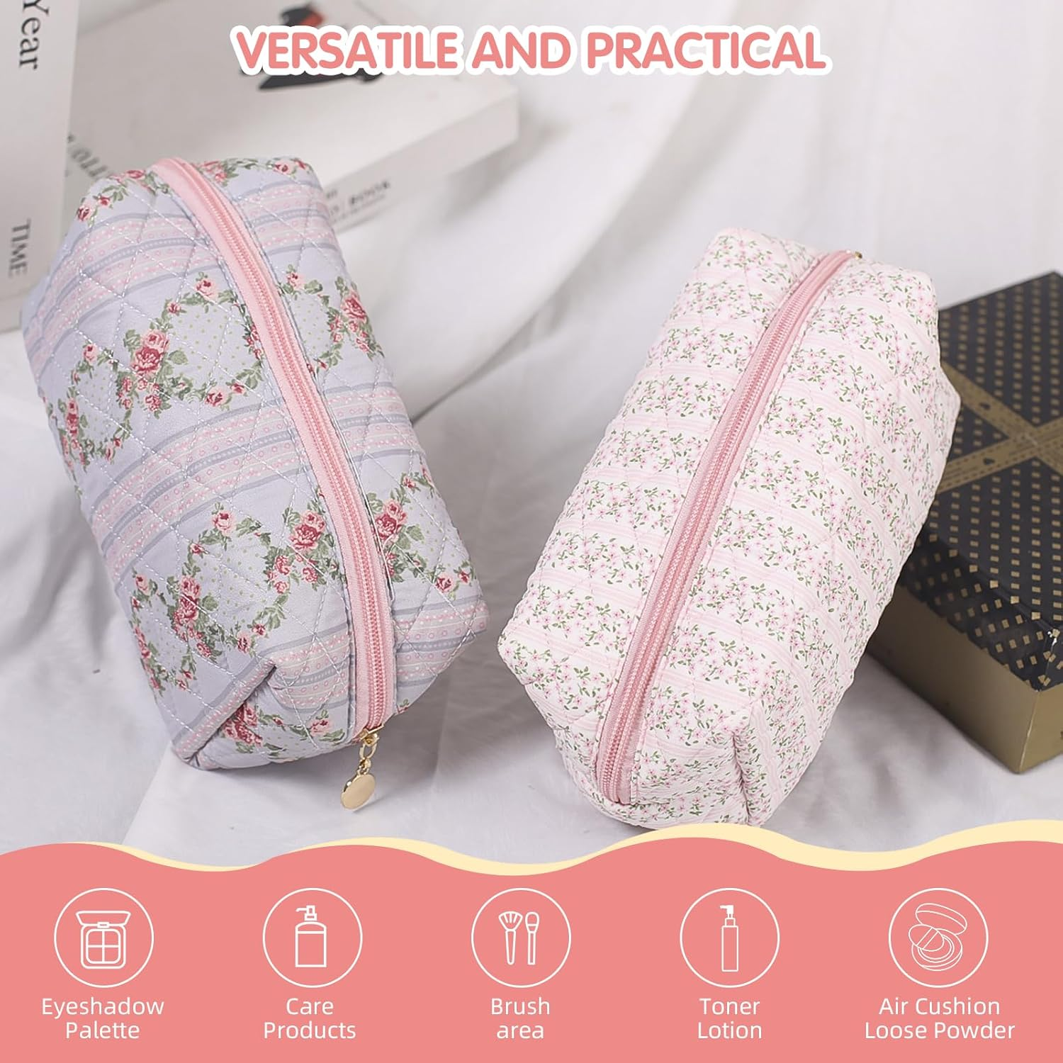 Floral Makeup Bag, Cute Quilted Makeup Toiletry Bag, Zipper Cosmetic Pouch, Daily Travel Use Skincare Bag, Multipurpose Organizer Bag, Blossom Blush Pink, Cute - 2Pack Pink + Blue image number 5