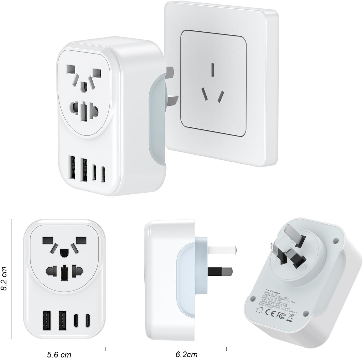UK/US/JP/CA/EU to AU/NZ Adaptor Plug with Insulated Pins, Universal Plug Convert to 3-Pin Australian/New Zealand/China Socket with 2USB-A and 2USB-C Multi-Port Travel Power Adapter image number 6