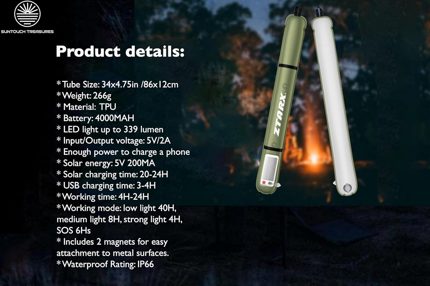 Inflatable Solar Tube Lantern &ndash; Solar and USB Rechargeable, 4 Lighting Modes, IP66 Waterproof Light Bar with Power Bank, Portable Tent Light for Outdoor Camping, Hiking and Emergency Use Indoor image number 2