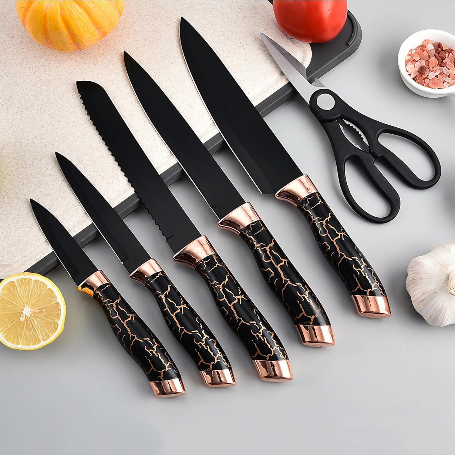 Knife Set, 7 PCS Stainless Steel Kitchen Knife Block Set with Built in Knife Sharpener, Black Non Stick Coated Knife, No Rust and Sharp Knife for Chopping, Slicing and Dicing, Best Gift, Golden image number 6