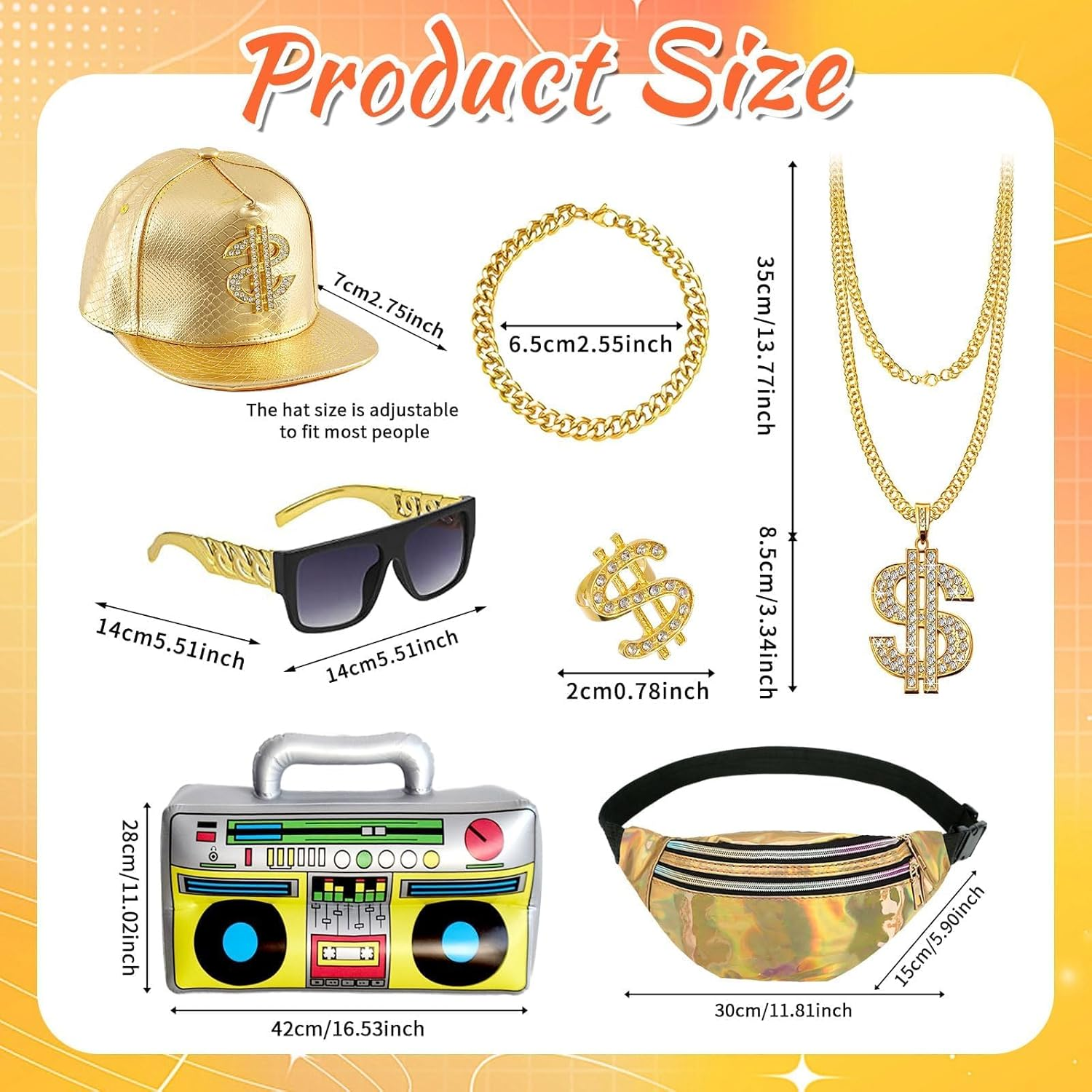 7Pcs Hip Hop Accessories Set for Men and Women, Gold Rapper Costume Kit with Cap Sunglasses Necklace Ring Bracelet Waist Bag Inflatable Boombox, for 80S 90S Old School Fancy Dress Party Props image number 1