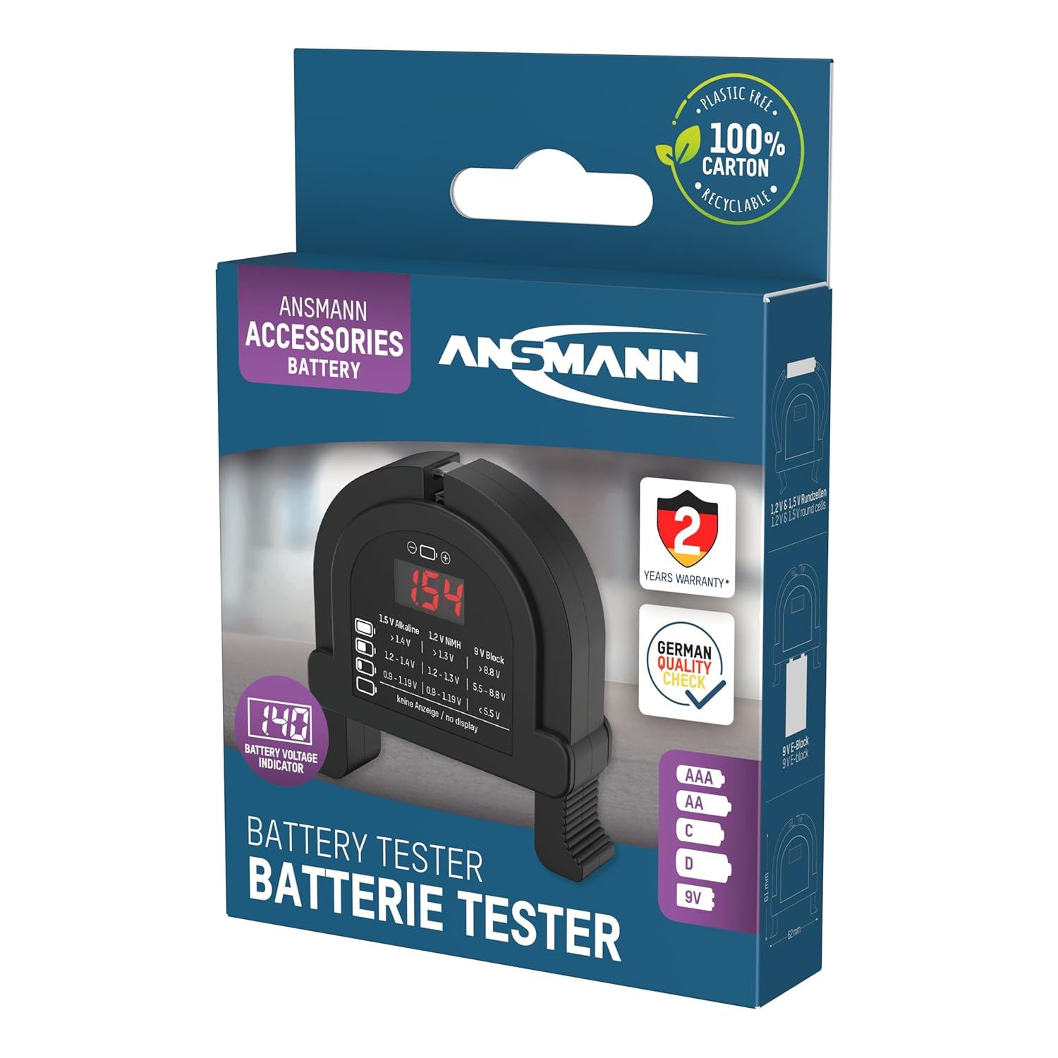 Ansmann Compact Digital Battery Tester for AA, AAA, C, D and 9V Alkaline and Nimh Barreries