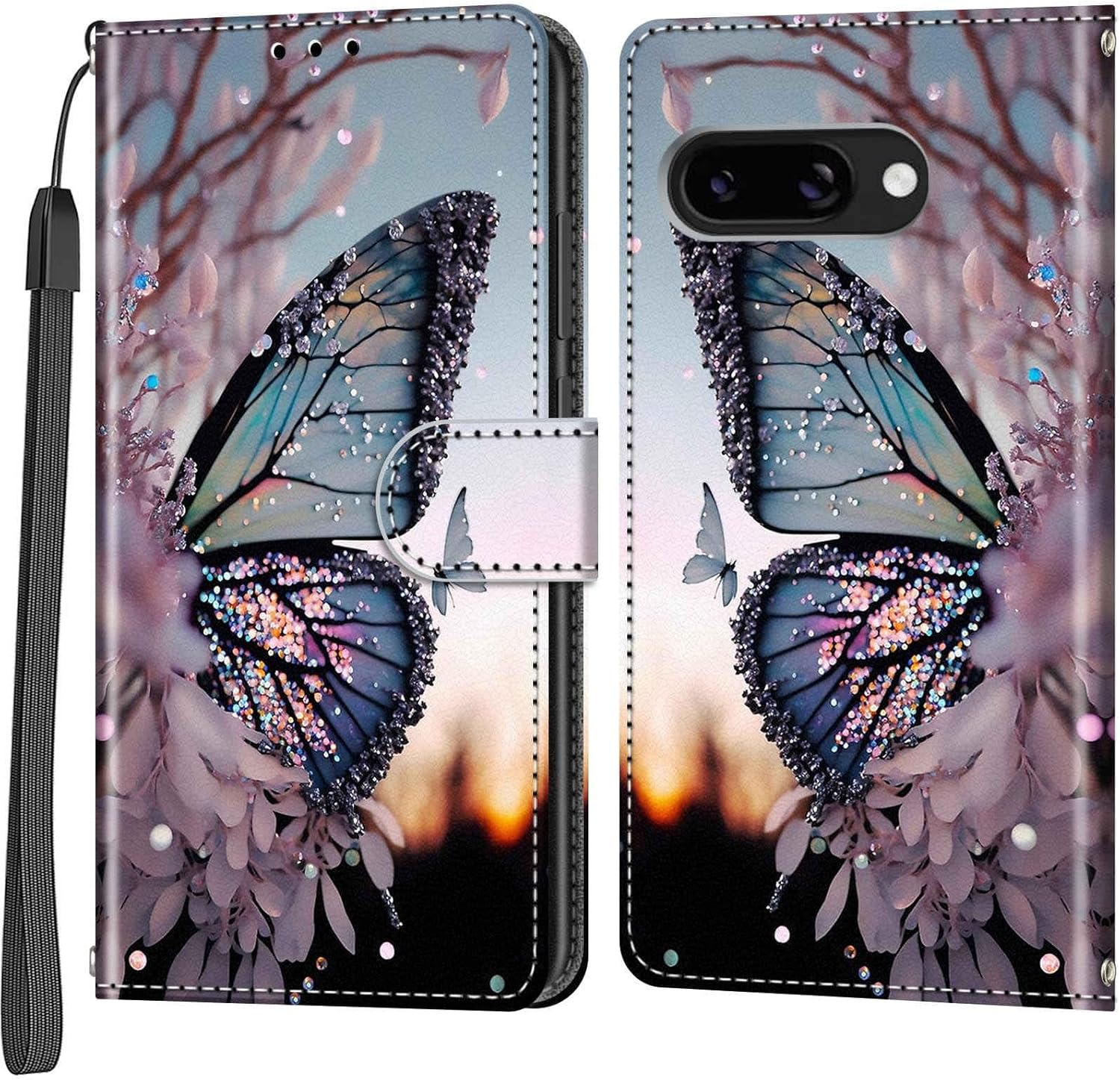 Mobile Phone Case for Google Pixel 9A Cases Premium Leather Case Foldable Wallet Magnetic Card Slot Stand Function Protective Case Compatible with Pixel 9A Cover, Butterfly - Pic: Butterfly image number 4